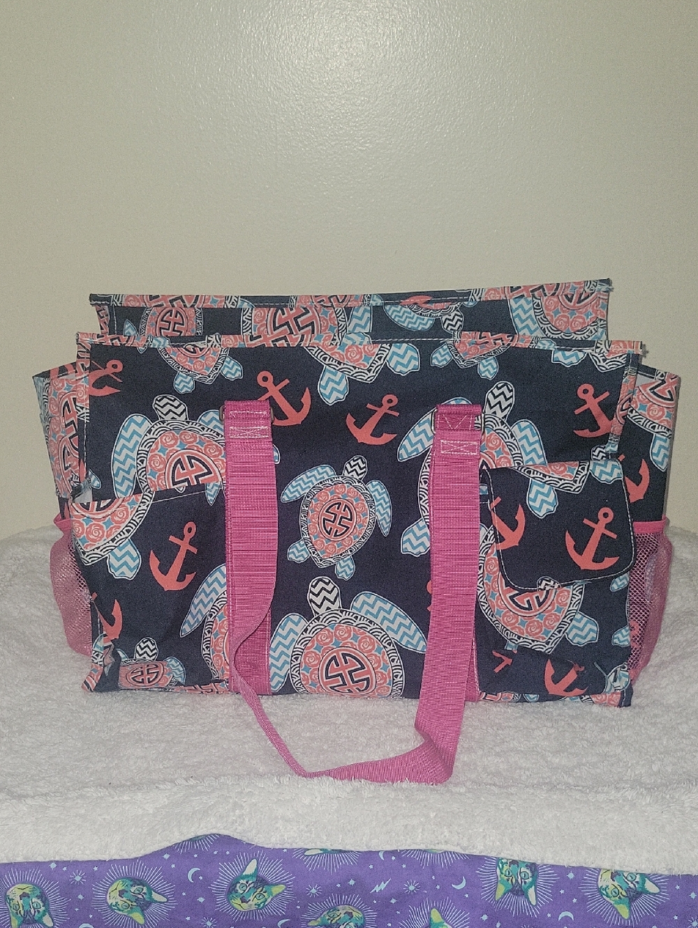 Navy Travel Tote Bag with Pink Handles and Turtle & Anchor Print
